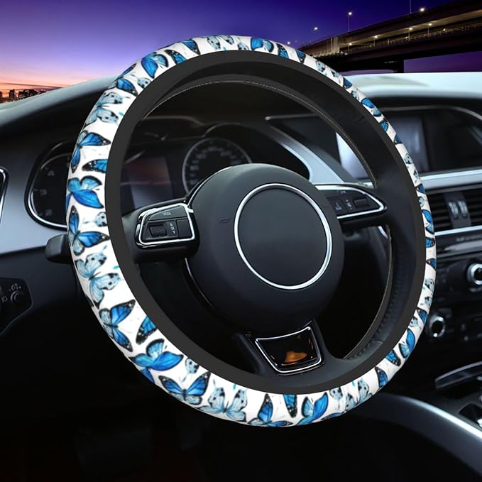 Blue Butterfly Steering Wheel Cover For Women Men Girls, Universal 15 Inch Anti Slip Steering Wheel Protector Car Accessories Interior For Auto Truck Suv