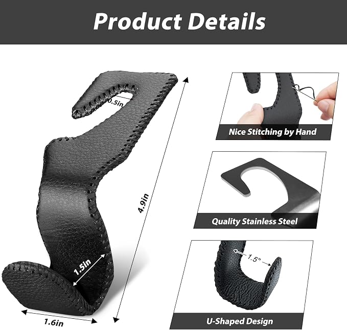 Purse Hook for Car Seat Headrest, Seat Back Storage Hook | Premium Stitched Leather, Holds 55lbs, Universal Car Trip Essentials, For Hanging Handbags Groceries Backpack