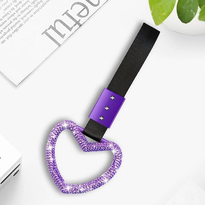NBTEPEM Bling Heart Handle Ring Bling Car Accessories for Women Handle Strap Drift Charm Rear Bumper Warning Ring Decor Tsurikawa Heart for Car Interior Exterior Decoration (Purple, Heart Style)