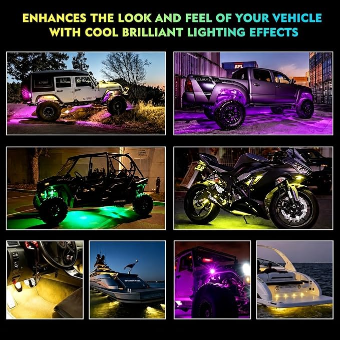 Xprite Bluetooth LED Rock Lights Kit, Multicolor Neon Accent Music Visibility Lighting Underglow Kits with RF Controller for Off-Road, Trucks, Cars, UTV, ATV, SUV, RZR, Motorcycles, Boats - 6 PCS