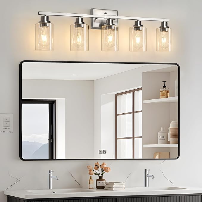 Unicozin Modern Bathroom Light Fixtures, 5 Light Vanity Lights Over Mirror, Brushed Nickel Wall Lamp with Clear Glass for Living Room Cabinet Bedroom Porch