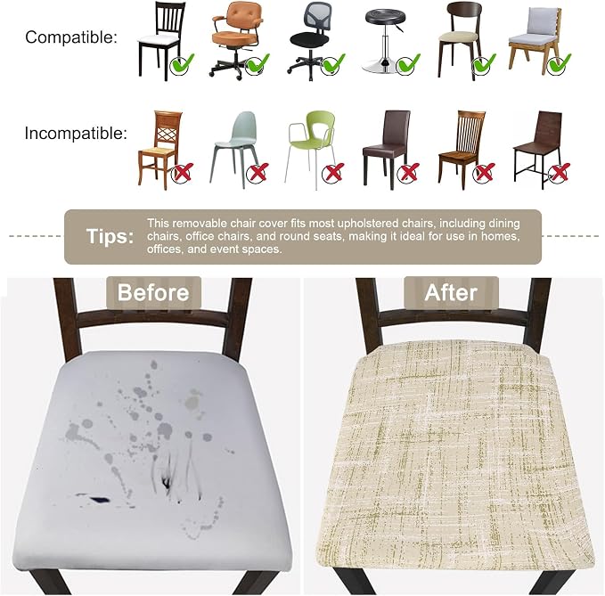SearchI Seat Covers for Dining Room Chairs Stretch Printed Chair Seat Covers Set of 4, Removable Washable Upholstered Chair Seat Protector Cushion Slipcovers for Kitchen(Beige Linen-Look Print)