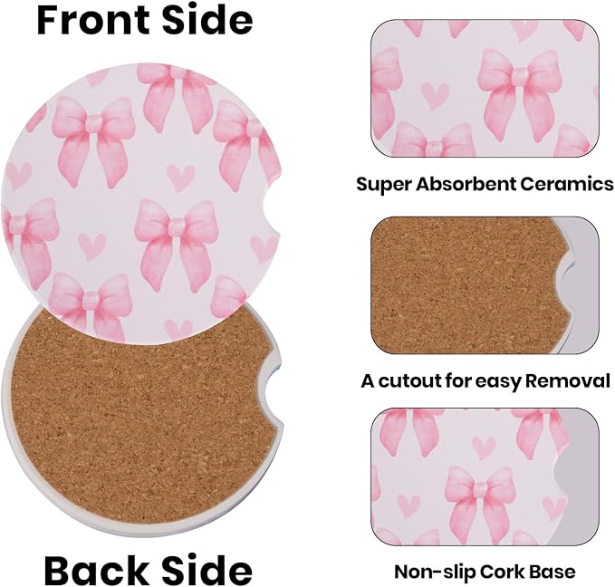 2 Pack Bow Car Coasters for Women Car Cup Holder Coasters, 2.63 Inch Anti Slip Ceramic Absorbent Coaster with Cork Base and Finger Notch, Cute Car Accessories Interior