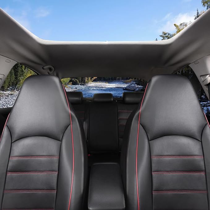 TOYOUN Classic Universal PU Leather Car Front Seat Covers High Back Bucket Seat Cover - Fit Most Cars, Trucks, SUVS, Vans 2 PCS Red Trim Auto Seat Covers Set for All Seasons