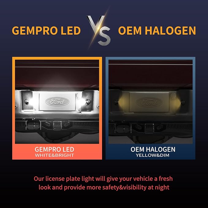 Gempro License Plate Light Assembly LED Tag Lamp Replacement for Ford F150 F250 F350 F450 F550 Superduty Bronco Excursion Ranger Expedition Explorer Rear Plate Lights, 6000K White, 2PCS (Black)