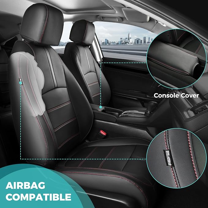 Seat Covers for Honda Civic Sedan LX 2016 2017 2018 2019 2020 2021, Faux Leather Car Seats Cover Full Set Waterproof, Black Red Line (Solid Rear Seatback - No Rear Armrest)