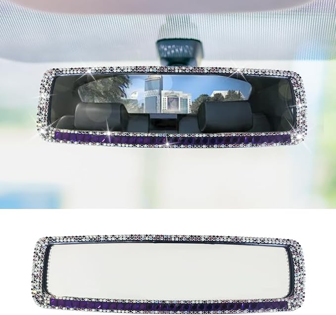 Bling Car Rear View Mirror, Clip-On Rhinestone Car Rearview Mirror with Crystal Diamonds, HD Glass Auto Interior Rear View Mirror, Car Decoration Accessories for Women Men Teens (Purple)