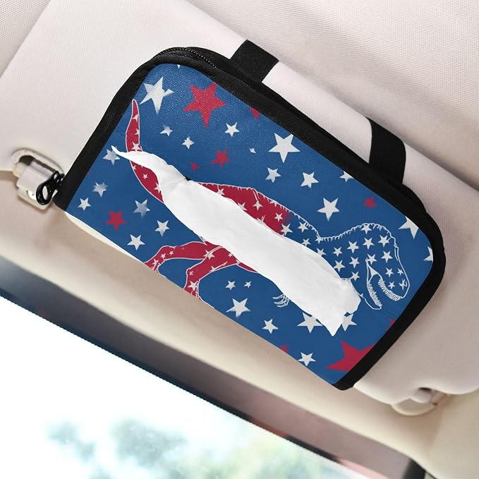 Car Visor Tissue Holder Mask Holder for Car, Car Tissue Box Sun Visor Napkin Holder Car Visor Accessories Adjustable Straps Reusable Durable Easy to Install July 4th T-rex and Us Flag Stars