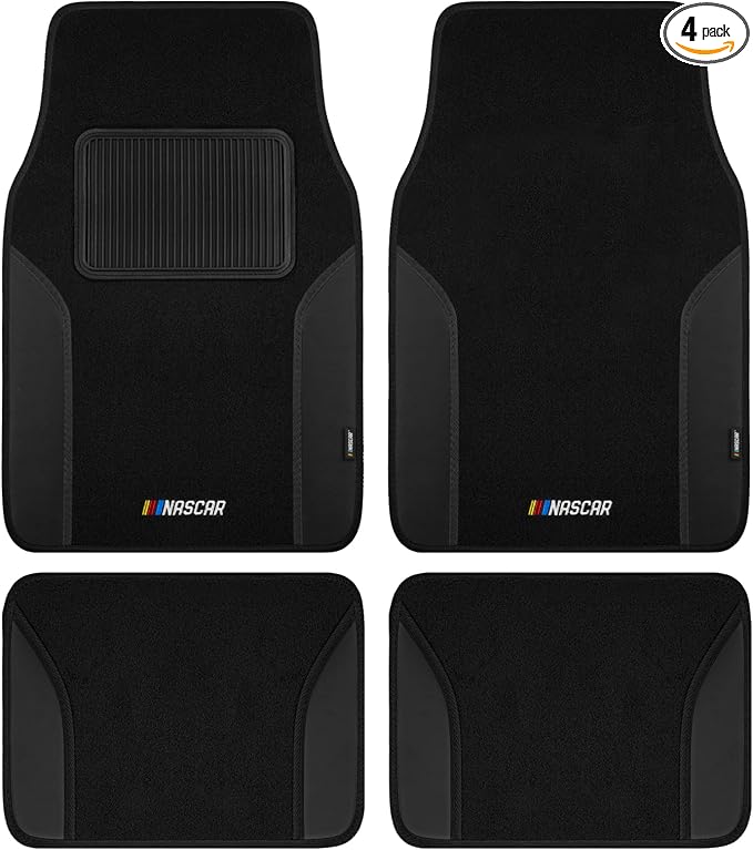 NASCAR Car Floor Mats, Carpet & Black Leather Design Car Mats, Universal-Fit All-Weather Car Floor Mats with Built-in Heel Pad & Anti-Slip Backing, Durable Odorless Automotive Interior Accessories