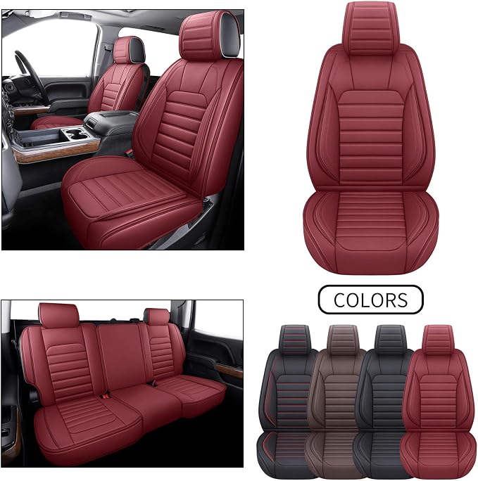 YIERTAI for Chevy Chevrolet Silverado GMC Sierra Seat Covers Fit 2007-2025 2026 1500/2500/3500 Z71 Trail Boss Crew Double Extended Cab Trucks Waterproof Leather(5 PCS Full Set/Burgundy)