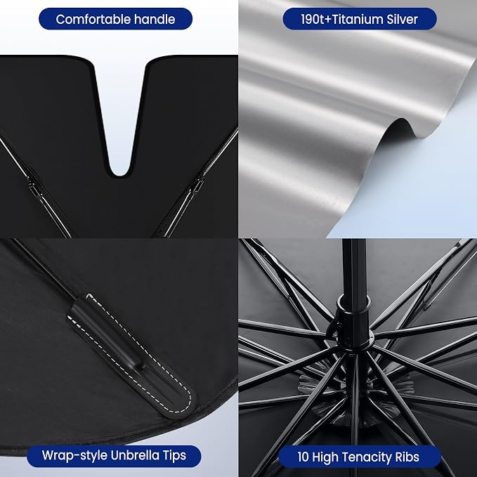 Pleneal Windshield Sun Shade Umbrella, 55" x 31" Foldable Car Sun Shade | 55" x 31", Titanium Silver Reflective Material, Bendable Shaft, High Tenacity Ribs, One-piece Opening Design, Storage Bag