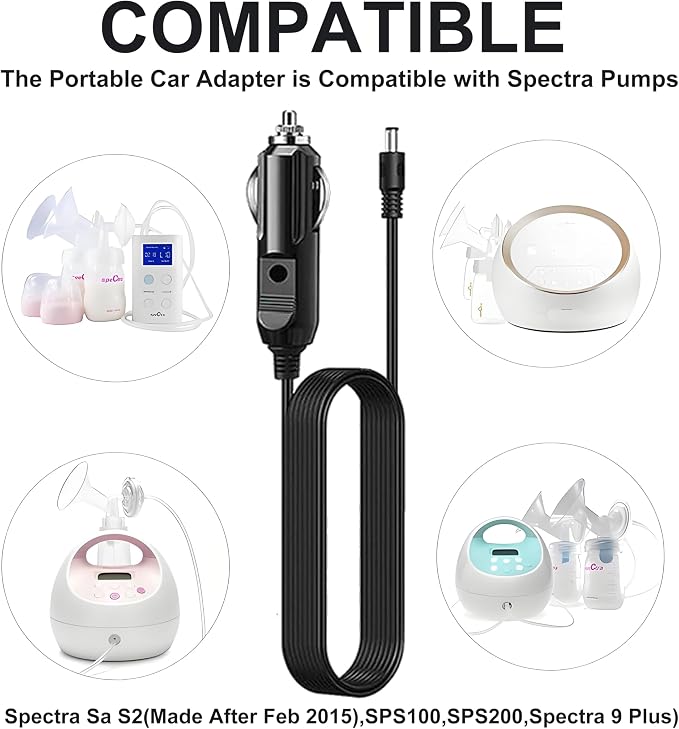 Car Charger for Spectra s1 Breast Pump,Tire Inflator Accessories 9FT 12V 9A | DC Power Cord 5.5x2.1mm ,Universal Cigarette Lighter Charger Cable Adapter for Portable Air Compressors,Camera