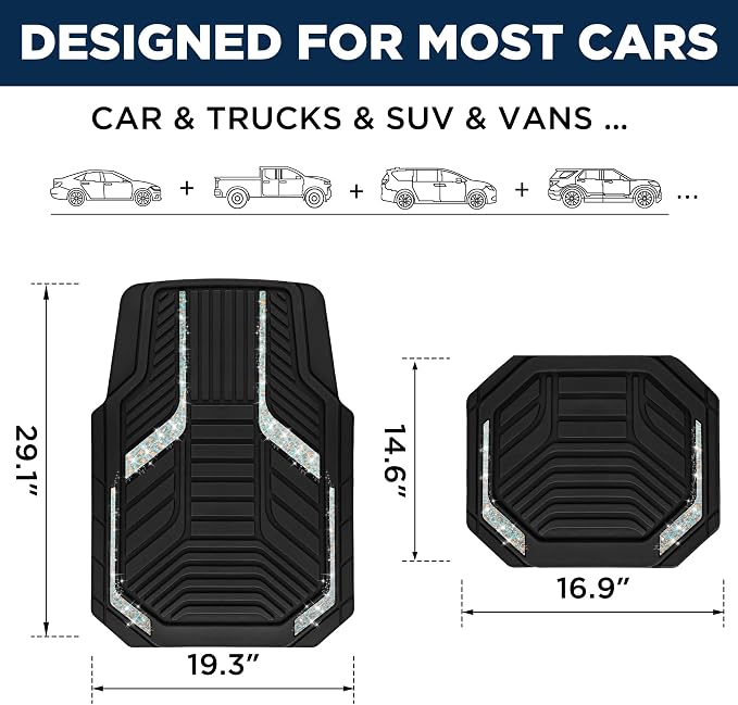 PIC AUTO Car Floor Mats, Leopard Sparkly Crystal Bling Glitter Car Mats Set, Front and Rear Heavy Duty Rubber Car Mats with Anti-Slip Backing, All Weather, Trim-to-Fit for Automotive SUVs, Sedan, Vans