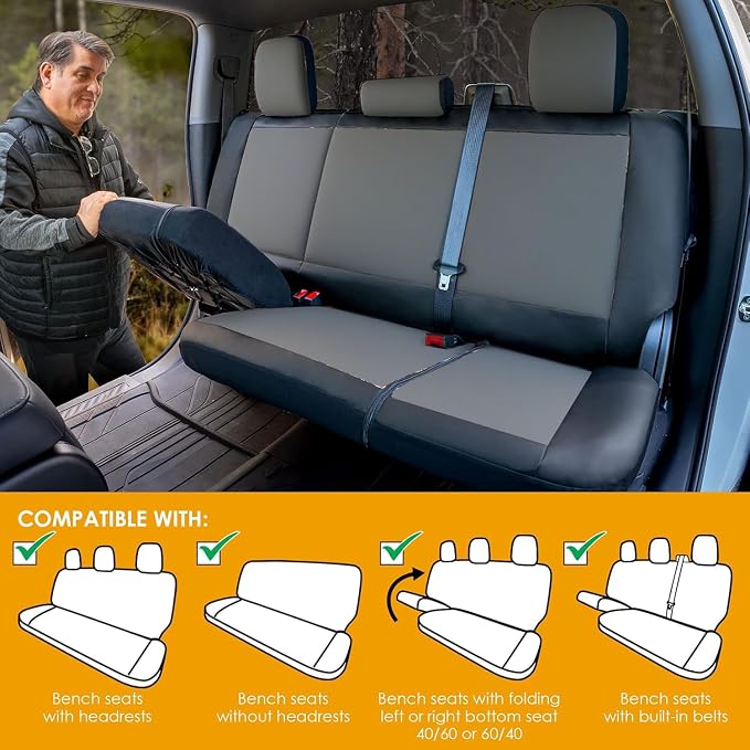 LPI Truck Grey Truck Bench Seat Cover Fits All Full-Size Silverado F-150 Ram Sierra Titan Tundra Pickup Trucks, Folding Bench or Standard Bench Seats, 600D Oxford Fabric with Faux Leather