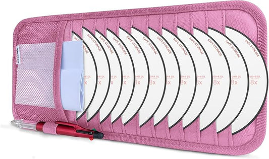 CD Case Holder for Car - Sun Visor Organizer for 12 CD’s/Dvd’s, 1 Mesh Pocket & 1 Horizontal Pen Holder - Safe, Ergonomic Design (Pink)