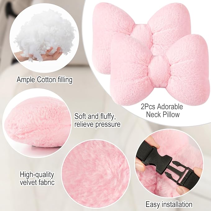 Macarrie 2 Pcs Pink Car Neck Pillow Imitation Rabbit Fur Bow Pillow | Soft Comfortable Seat Headrest Support, Cute Bow Car Accessories, Driving Travel Driver Chair Girl Interior Decor, Solid