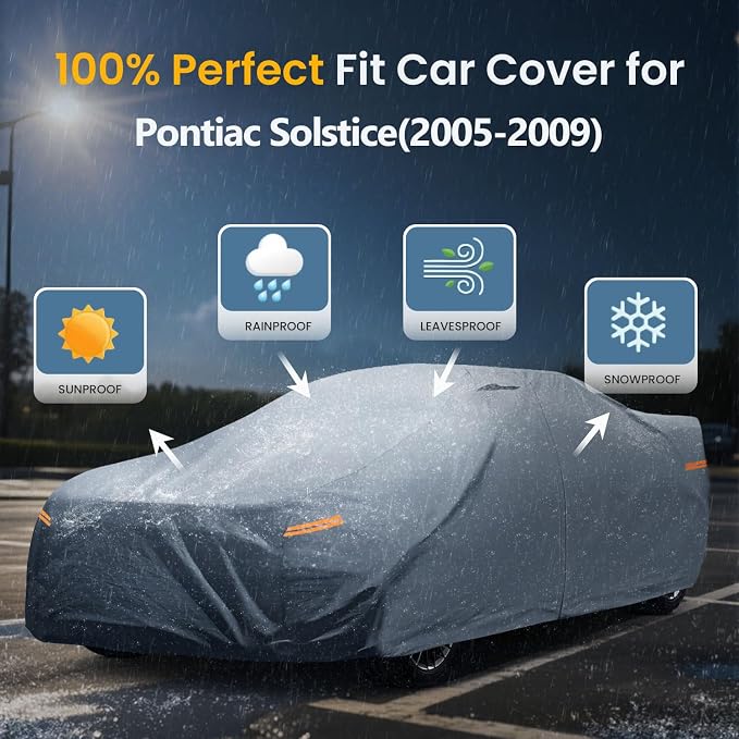 Waterproof Pontiac Solstice(2005-2009) Car Cover with Breathable Vents, [Upgrade] Premium Covers with Cotton Liner and Zipper Door,Sun Rain Snow Dust Uv Protection.(Gift with Towel Storage Bag)