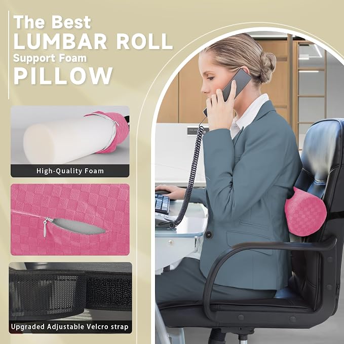 Lumbar Roll Pillow for Lower Back Support, Foam Cushion,Pink, 15 * 4.3'' | Removable Pillowcase, Upgraded Adjustable Strap, Suitable for Office, Chair, Car, Seat Pain Relief & Improving Posture