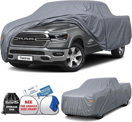 Truck Cover Waterproof All-Weather,Outdoor Full Exterior Pickup Covers(Length 229-246 inch) Max Cab with Windshield Sun Shade Universal Fit F150 Ram 1500 etc,Size T5 (See SizeChart)