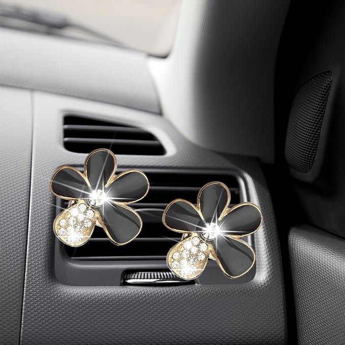 Mandark 6PCS Bling Daisy Flower Car Air Vent Clip, Crystal Rhinestone Vehicle Air Vent Outlet Clip, Cute Auto Air Conditioning Clip Charm Interior Decor Accessories for Women Girls（Black）
