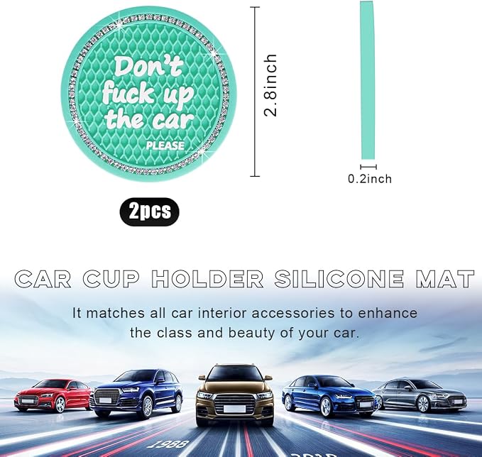 Ohleats Bling Car Cup Coaster, 2.75 Inch Non-Slip Don't Fuck Up My Car Please Cup Holder Insert Coaster, Crystal Rhinestone Auto Drink Cup Mat, Universal Car Accessories (Green-4PCS)