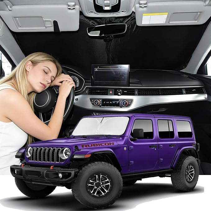 Windshield Sunshade for Jeep Wrangler JL JKU 4XE 4&2 Door 2018-2026 | Jeep Gladiator JT 2020-2026 Sun Shade Upgrade 4 Layers Blocks UV Rays Custom Fit Wrangler Front Windshield Keep Cool