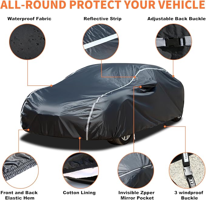 Car Cover Waterproof All Weather, Coverado Outdoor Full Exterior Covers Soft Cotton Backing Rain Uv Hail Protector Car Cover with Invisible Mirror Pocket Universal Fit for Mercedes etc (183"-193")