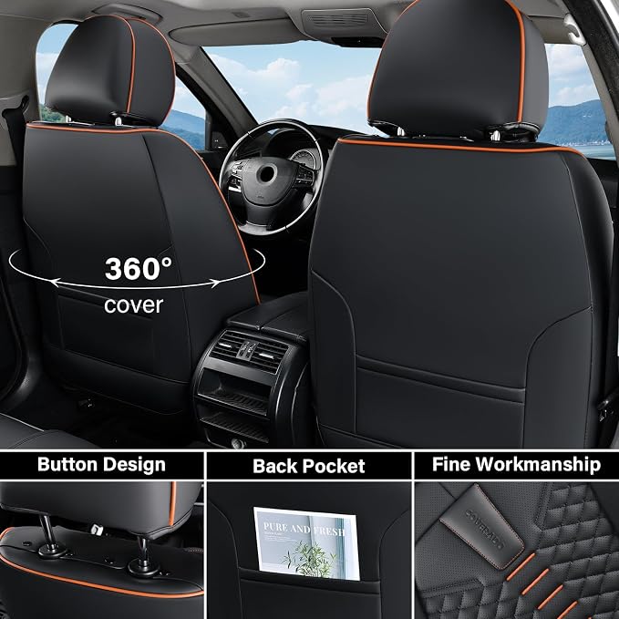 Coverado Leather Seat Covers, Car Seat Covers Full Set, Nappa Leather Seat Covers for Cars, Car Seat Protectors Waterproof, 5 Seats Black&Orange Automotive Seat Covers Fit for Most Cars Trucks