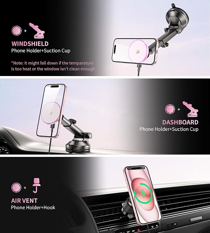 for MagSafe Car Mount Charger Dash/Windshield/Vent Wireless Car Charger with [LED Light], Magnetic Phone Holder for Car for iPhone 17 16 15 14 13 12 Series, Fit MagSafe Accessories (Pink)