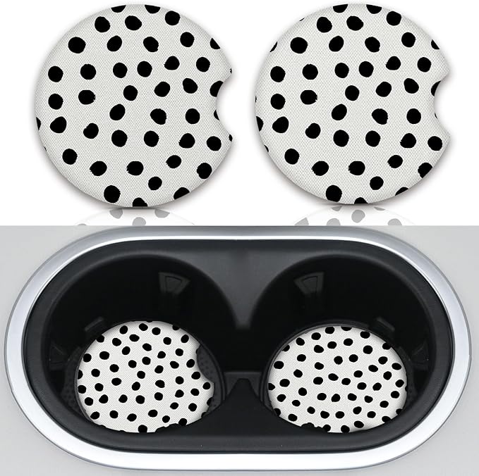 Car Coasters for Cup Holders,Cute Car Accessories for Women Interior,Cute Auto Accessories Gifts Cute Black Polka Dot,Pack of 2 2.75inch Drink Cup Car Holder Coasters with A Finger Notch