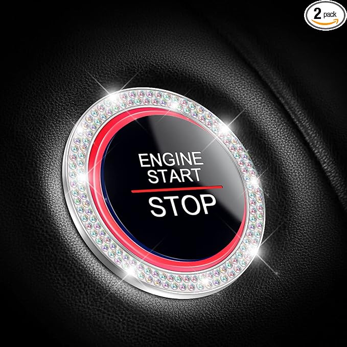 Bling Crystal Rhinestone Engine Start Ring Decals, 2 Pack Push Start Button Cover/Sticker, Key Ignition Knob Bling Ring, Sparkling Car Interior Accessories for Women (AB)