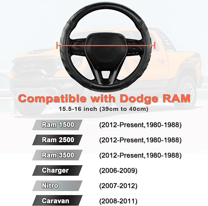 West Llama Customized Auto Car Steering Wheel Cover for Dodge RAM 1500 2500 3500, 15.5-16 inch (Black - Large Size)