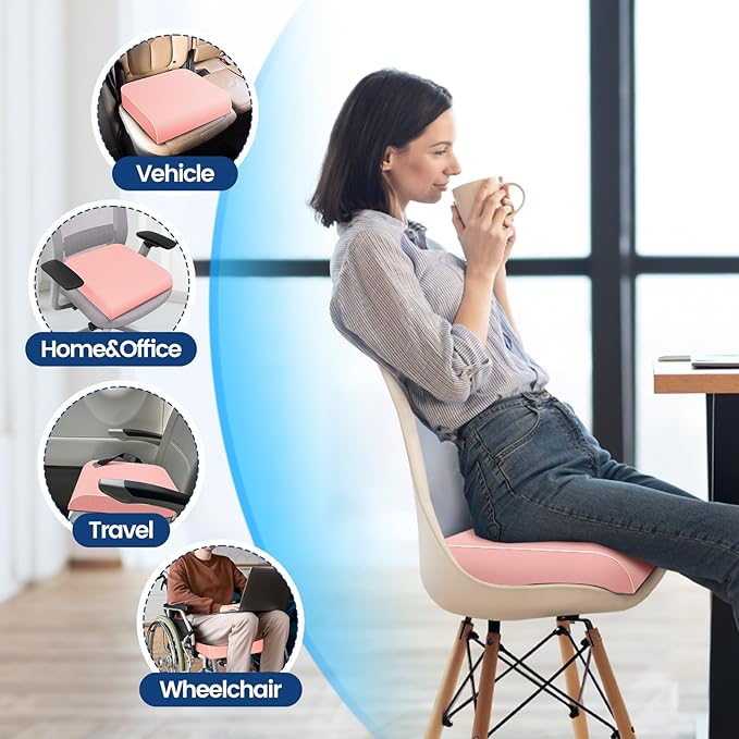 SweetSlubr Seat Cushion for Tailbone Pain Relief, Office Chair Cushion, Memory Foam Large Chair Pad with Non-Slip Cover for Soft Support at Office Chair, Car Seat, Airplane Pink/Large