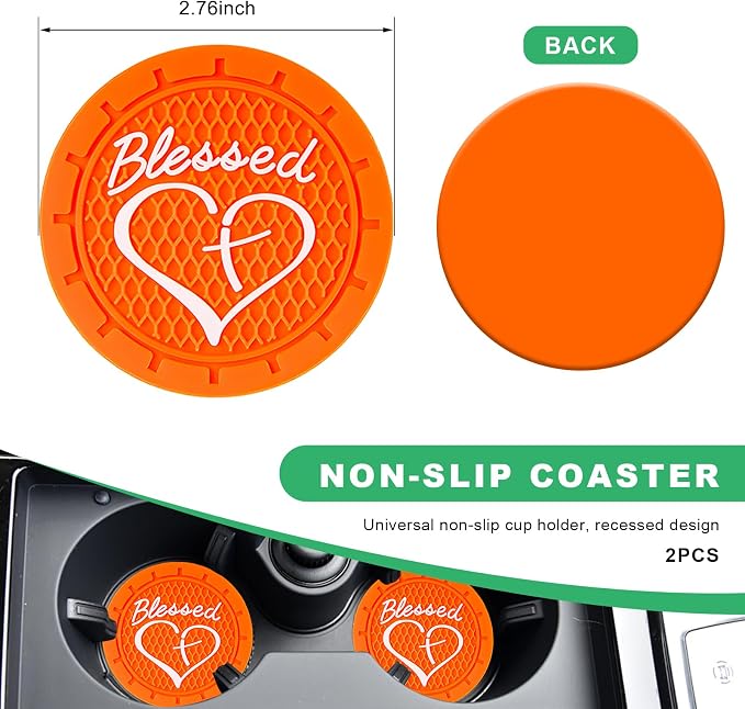 2 PCS Car Cup Holder Coaster, 2.76 Inch Non-Slip Auto Drink Mats with Blessed Cross and Heart, Shockproof Christian Cup Insert Coaster for Most Vehicles, Car Accessories (Orange)