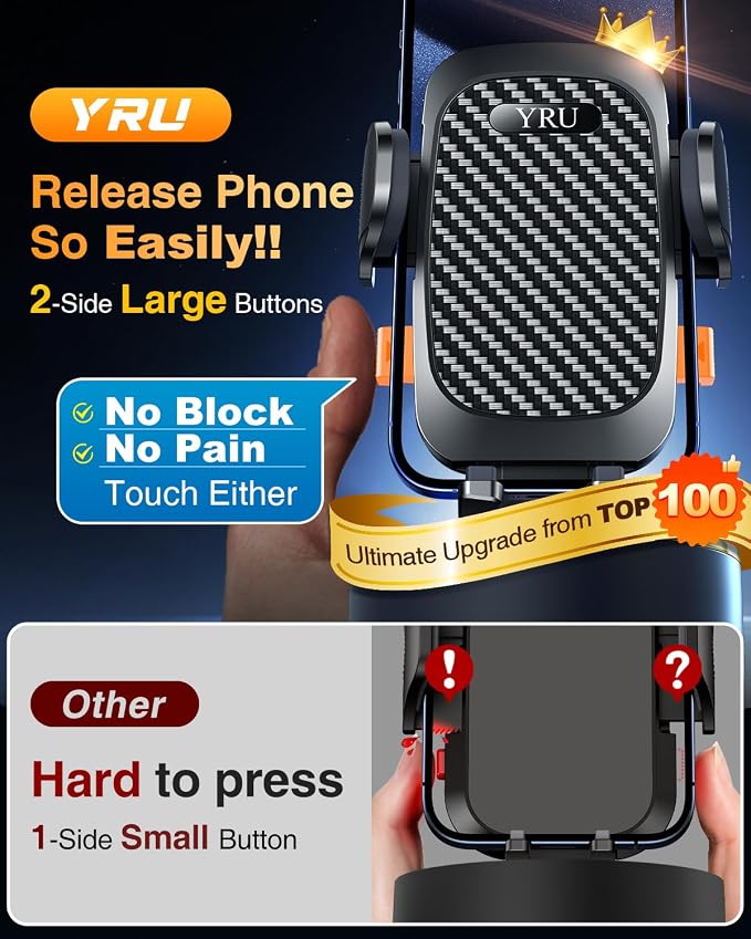 YRU True Military-Grade [360° Rotation Suction] 2026 Ultimate Car Phone Holder Mount【90+LBS Safest Strongest & Patent Certs】 Dash Windshield for iPhone 17 16 Pro Max Speakerphones, Gloss Black