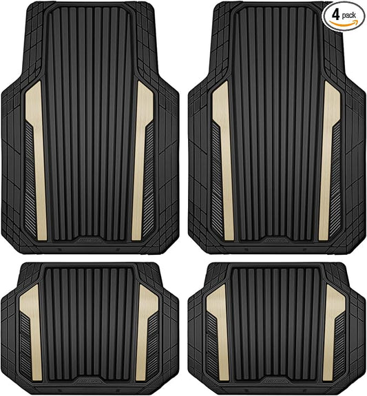 CAR PASS Heavy Duty Rubber Car Mats Metallic, Aluminum Film All Weather Floor Mats Waterproof Universal Trim to Fit for SUV Sedan Van 4 Piece Deep Dish Two-Tone Sporty Black Golden Chrome