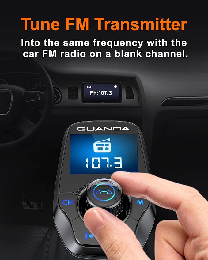 FM Transmitter Bluetooth 5.3 for Car, Bluetooth Radio Adapter Transmitter for Car, Wireless Audio Transmitter and Receiver 1.44" Display AUX in/Out SD/TF Card USB C Charger [PD 30W], GUANDA