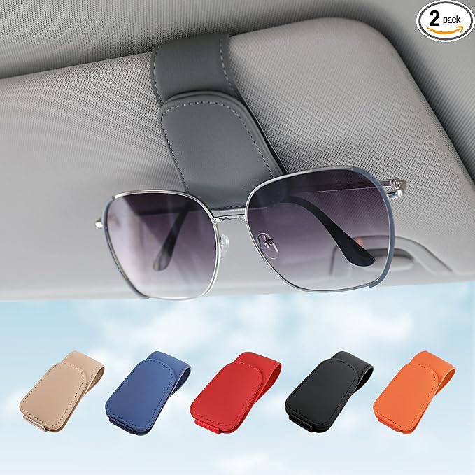 Sunglass Holder for Car Sun Visor Sunglasses Clip Car accessories -2 Packs | sun visor organizer, ticket card clip, eyeglass sunglasses holder, one-handed magnetic, anti-scratch, car stuff for women men