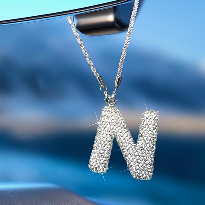 Bling Car Accessories for Women Letter Charm, Rear View Mirror Ornament Cute Hanging Crystal Pendant Girl Car Decorations, Lucky Diamond Rhinestone Girly Charm Interior (White N)