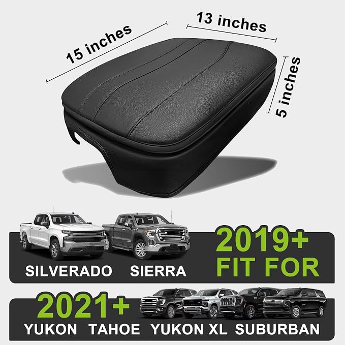 Muslogy Center Console Armrest Cover Fit for Chevy Silverado GMC Sierra 2019-2026, GMC Yukon & Chevy Tahoe & Suburban 2021-2026 Accessories, Armrest Pad Console Lid Cushion Vegan Leather 1-Inch Thick