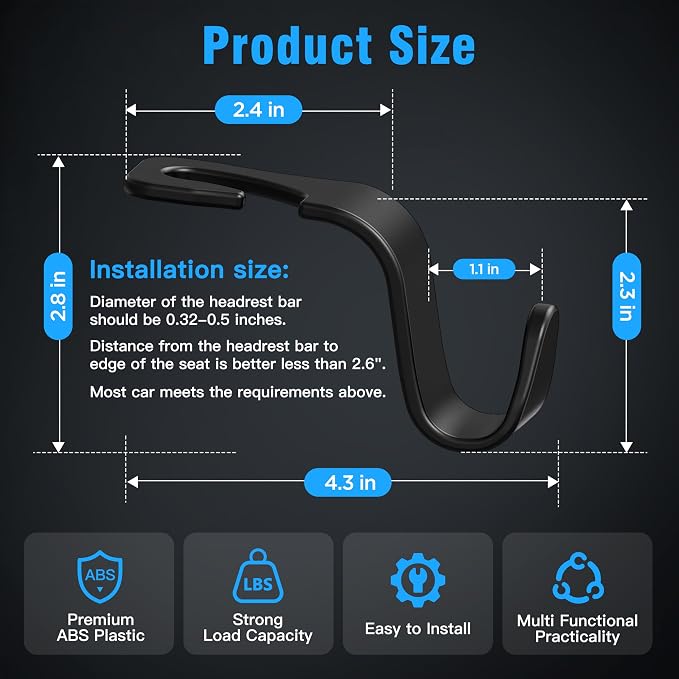 Amooca 4-Pack Car Headrest Hooks –Holds 55lbs Vehicle Storage Organizer for Purses Handbags Groceries Backpack Coats 360° Rotating Black