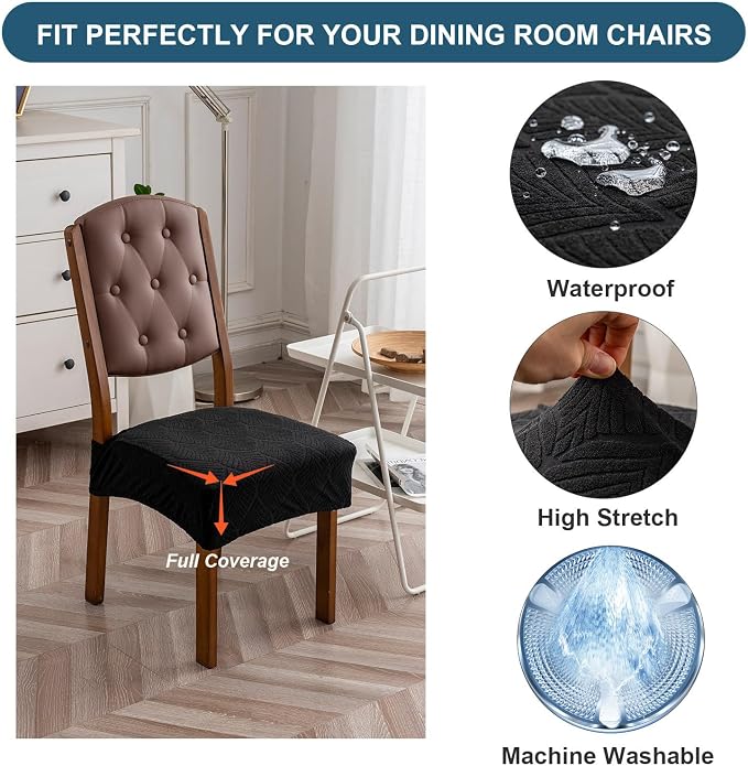 Removable Washable Dining Chair Seat Covers Set of 4,Stretch Jacquard Chair Seat Cushion Protector Slipcovers, Rear Covers