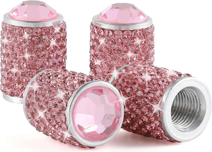 Alpmosn Car Wheel Tire Valve Caps, 4 PCS Bling Tire Valve Caps, Crystal Tire Caps Shinny Rhinestone for Women, Universal Car Dustproof Tire Valve Caps for Cars, Trucks, SUV and Motorcycles (Pink)