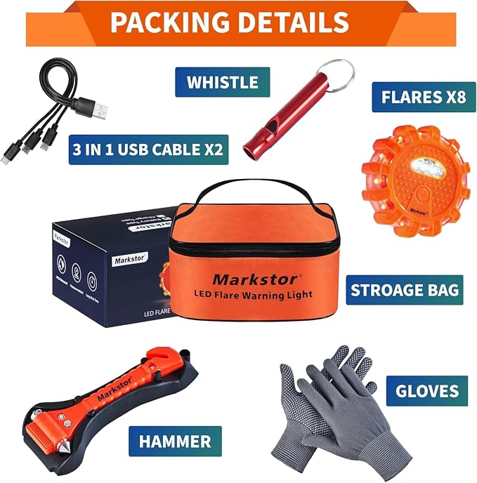 Led Road Flares LED Flares Emergency Kit Recharge LED Flares Warning Light with Magnetic Roadside Safety Disc Flares Kit with Breaker Whistle for Vehicle