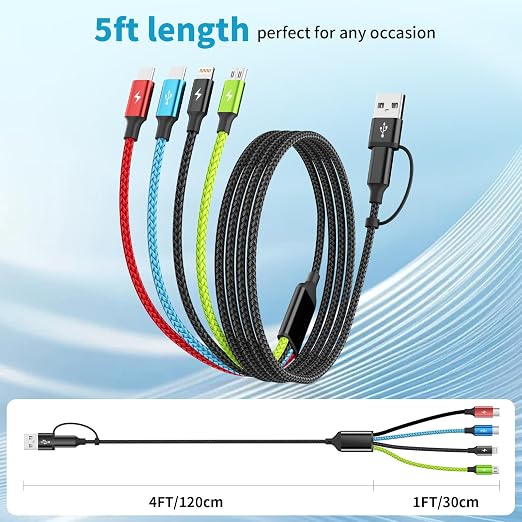 4 in 2 Multi Charging Cable, 3 Pack 5FT Charging Cord for Multiple Devices | USB C Charging Cable with Dual Type-C, IP & Micro Ports, Nylon Braided Multi Device Charger Cord for Travel and Car