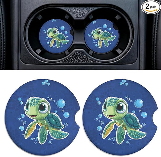 Car Cup Holder Ceramic Coasters 2 Pack, 2.56 in Anti Slip Absorbent Coaster with Cork Base and Finger Notch, Funny Cute Car Accessories Interior for Women, Green Turtle