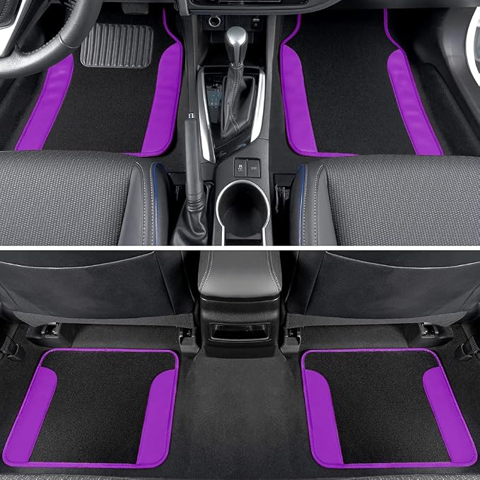 BDK Carpet Floor Mats for Cars, Two-Tone Carpet Car Mat with Faux Leather Accents, Automotive Floor Mat Sets with Built-in Heel Pad, Stylish Interior Car Accessories Purple