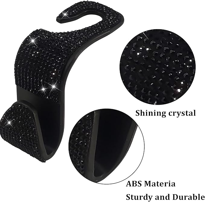 Dermasy® 2 Pack Car Hooks, 2021 New Bling Rhinestones Crystal Hooks Car Decorations Auto Seat Back Organizers Strong and Durable Backseat Hanger Storage Universal for SUV Truck Vehicle (Black)