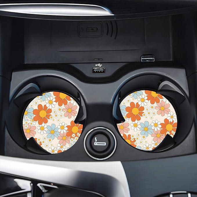 Car Cup Holder Coasters, 2 Pack – 2.75" Universal Auto Anti-Slip Insert Coaster, Rubber Car Coasters, Personalized Car Accessories for Women (Retro Daisy)