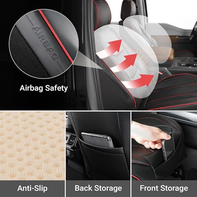 Coverland Custom Truck Car Seat Covers Front Seats for [2017-2025 F150 Raptor Super, SuperCrew Cab] - Protector Water Resistant Leather Memory Form Seat Cushion [Front - Black with Red Stitching]